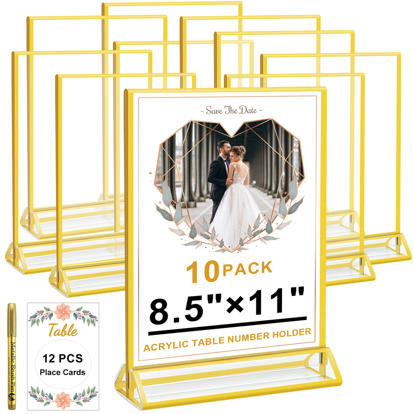 Acrylic Sign Holder 8.5X11 Clear Sign Holder, Gold Picture Frame Double Sided Flyer Holder, Table Menu Holder Display Stand for Wedding Table Number 10pack