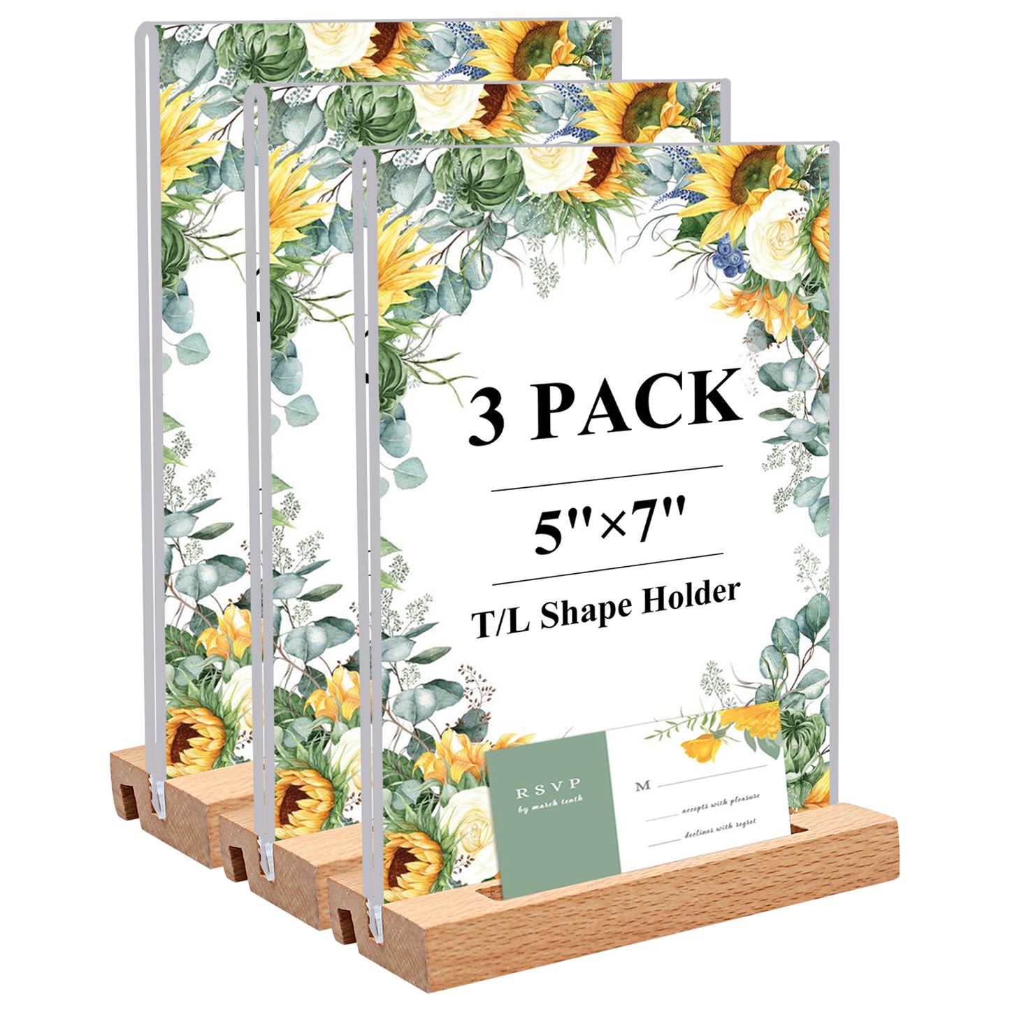 Acrylic Sign Holder 5x7 Clear Acrylic Table Signs Stand Wood Base,Double-Sided Frames Picture Menu Vertical or Slant Back Display with Business Card for Office Wedding Shop Desk 3 Pack（L/T-Shaped ）