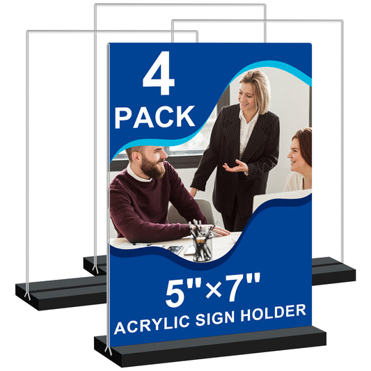 Acrylic Sign Holder 5 x 7 - Clear Wedding Table Numbers Stand, Double Sided T Shaped Desktop Display Holder, Plastic Picture Photo Frame for Wedding Home Office Restaurant 4Pack