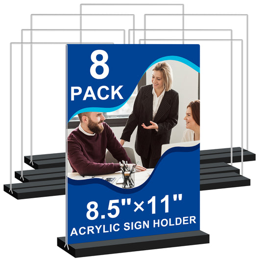 8.5x11 Acrylic Sign Holder Vertical Double-Sided Tabletop Sign Holder with Black Base, Plastic Picture Frame Paper Holder, Clear Menu Display Stand for Office Restaurant Store Home 8 Pack