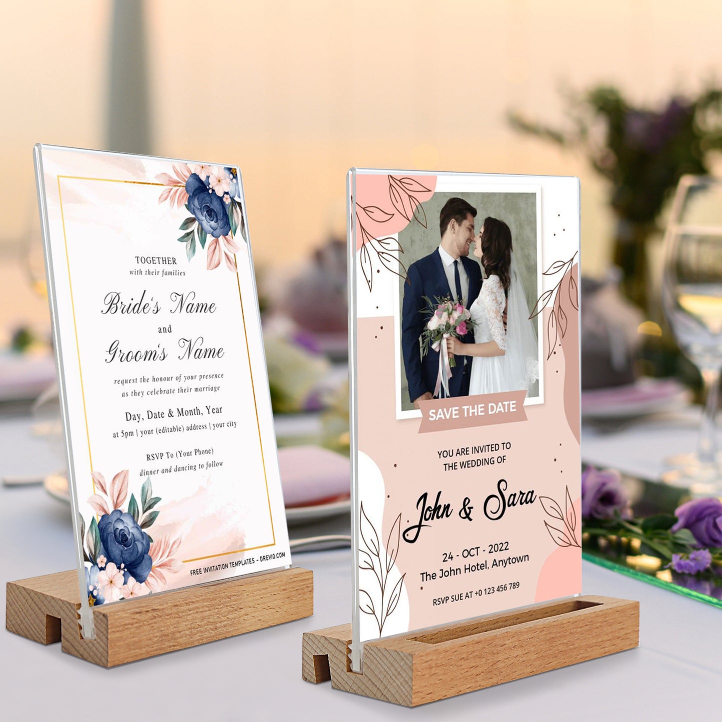 Acrylic Sign Holder 5x7 Clear Acrylic Table Signs Stand Wood Base,Double-Sided Frames Picture Menu Vertical or Slant Back Display with Business Card for Office Wedding Shop Desk 3 Pack（L/T-Shaped ）