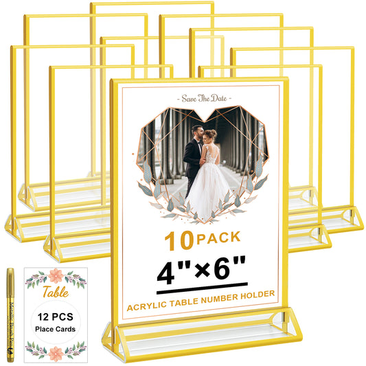 4 x 6 Clear Acrylic Wedding Table Number Holders with Gold Borders, Double Sided Gold Picture Frames for Restaurant Menu Recipe Cards Photo Display 10Pack