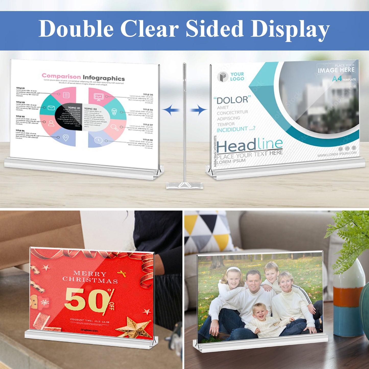 Arrobust Acrylic Sign Holder 8.5x11 Inches 4 Pack Horizontal, T -Shaped Double Sided Clear Paper Frames, PlasticTable Menu Display Holder, Document Flyer Table Stand for Office, Store, Restaurant -Landscape