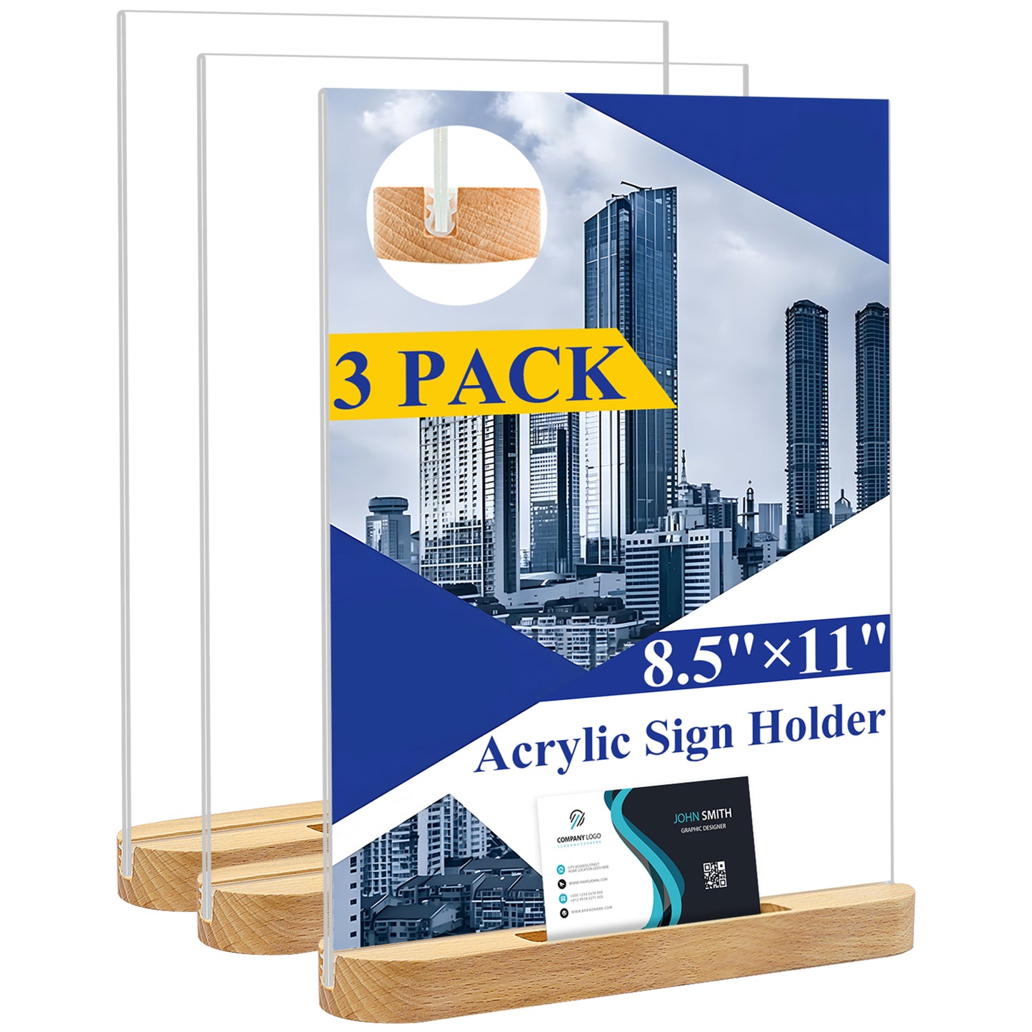 Arrobust 8.5 x 11 Acrylic Sign Holder Plastic Signs Display Holder T-Shape Double Sided Clear Flyer Stand Frames Wood Base With Business Card Holder Suitable for Menu Office Events Meeting,3 Pack