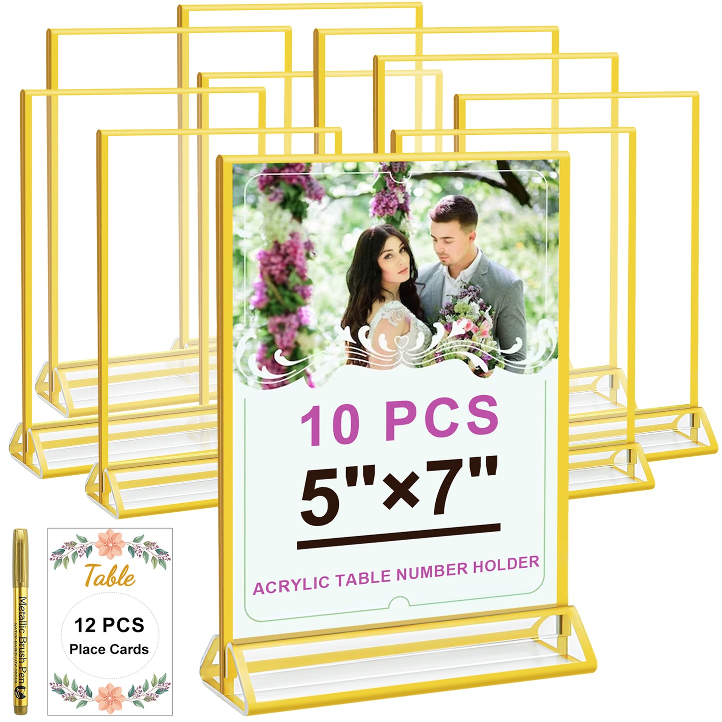 Acrylic Gold Sign Holder, 5x7 Gold Picture Frames Clear Double Sided Menu Holder for Wedding Table Number 10 Pack