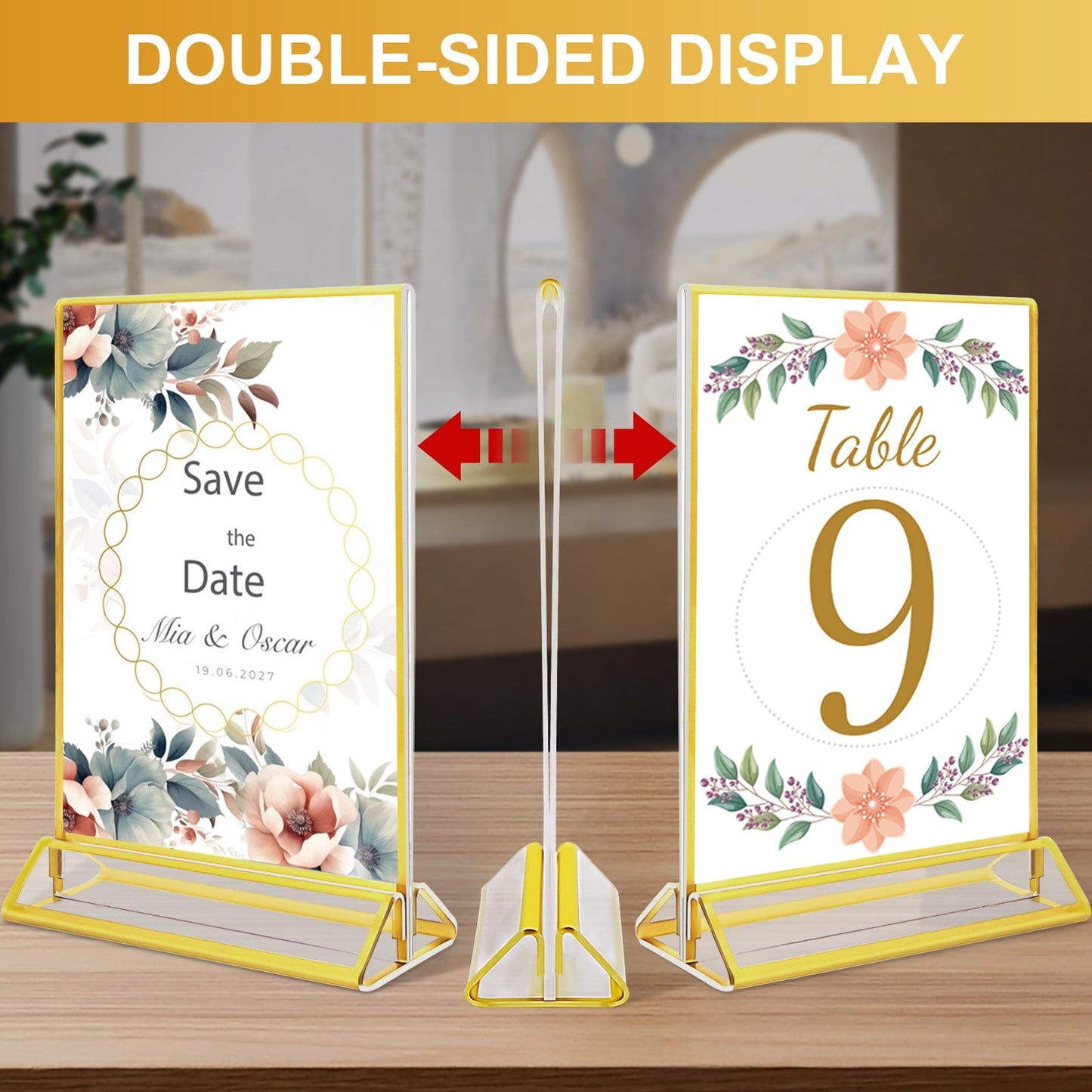 Acrylic Sign Holder 8.5X11 Clear Sign Holder, Gold Picture Frame Double Sided Flyer Holder, Table Menu Holder Display Stand for Wedding Table Number 10pack